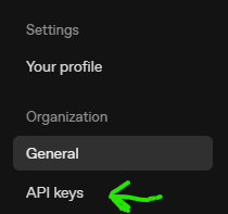 OpenAI API Keys: Location of your secret keys in the OpenAI developer settings.